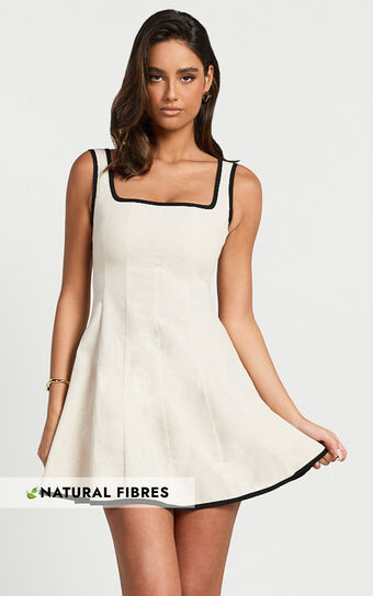 Antoni Mini Dress - Linen Look Ruched Back Square Neck Fit and Flare Dress in Natural