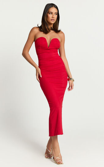 Gianni Maxi Dress - Plunge Ruched Mesh Column Dress in Red