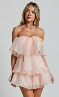Lexi Playsuit - Strapless Tiered Frill Playsuit in Peach