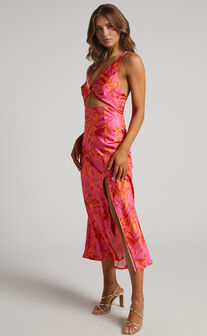 Tove Midi Dress - Twist Front Cut Out Satin Dress in Pink Floral
