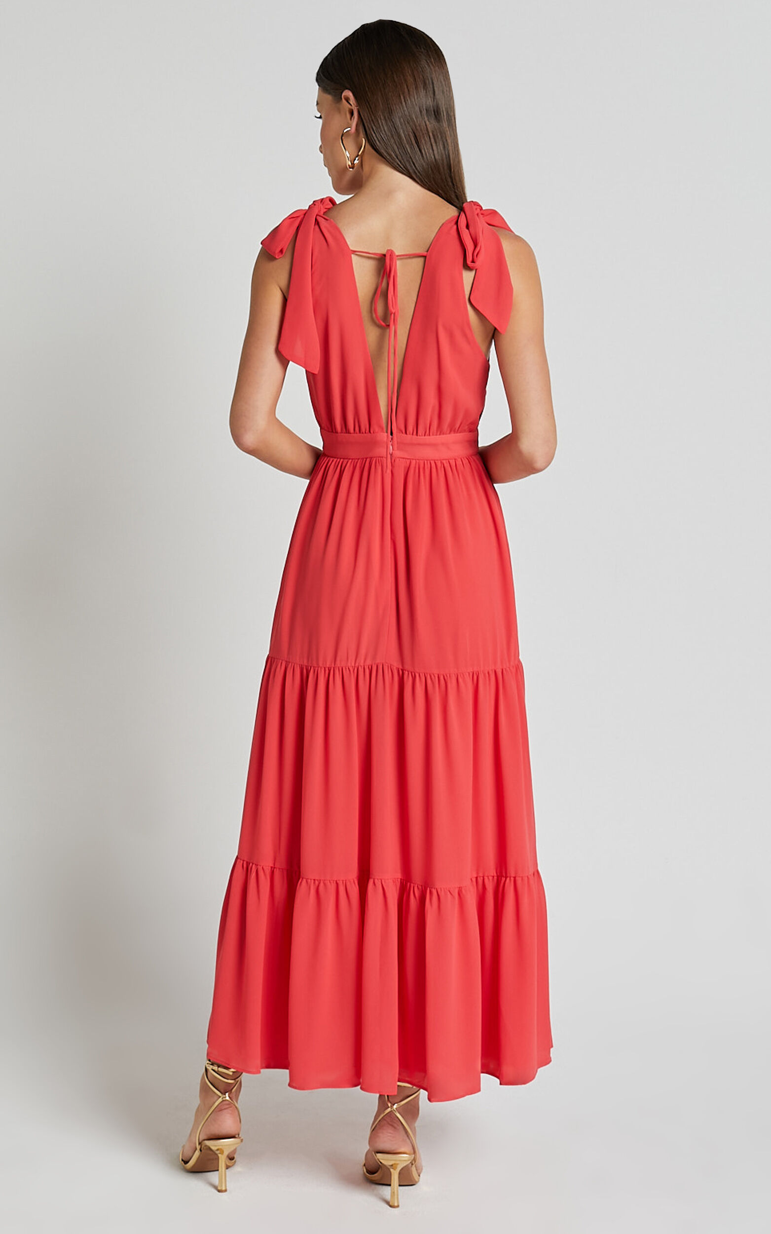 Teri Midi Dress - Tie Shoulder Plunge Tiered Dress in Coral | Showpo USA