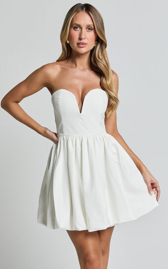 Alesia Mini Dress - Strapless Bubble Hem Mini Dress in White
