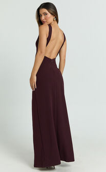 Raya Maxi Dress - Deep V Neck Low Back Bodycon Dress in Wine