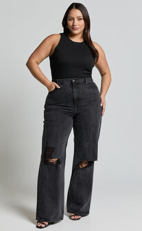 Miho Jeans - High Waisted Recycled Cotton Distressed Straight Leg Denim Jeans in Washed Black