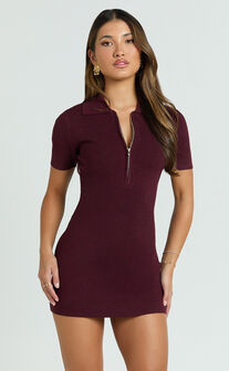 Gabriel Mini Dress - Short Sleeve Polo Knit Mini Dress in Cherry Liqueur