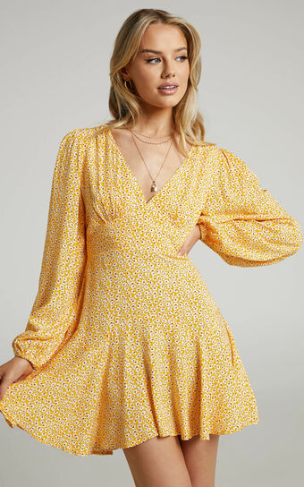 Riecha Mini Dress - Long Sleeve V Neck Dress in Yellow Floral | Showpo USA
