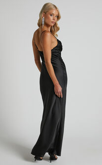 Soli Midi Dress - Corset Cowl Neck High Split Dress in Black