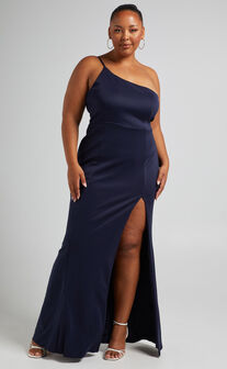 No Ones Fault Midi Dress - One Shoulder Thigh Split Dress in Navy