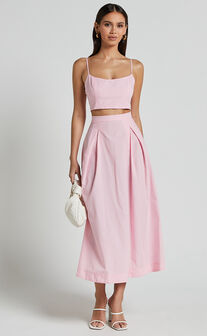 Rosalee Two Piece Set - Strappy Crop Top and High Waisted A Line Midi Skirt Set in Pink