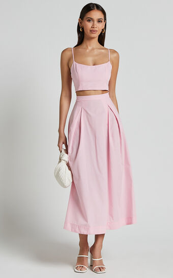 Rosalee Two Piece Set - Strappy Crop Top and High Waisted A Line Midi Skirt Set in Pink Showpo