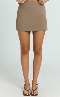 Mikey Mini Skirt - Mid Waisted Tailored A Line Skirt in Mocha
