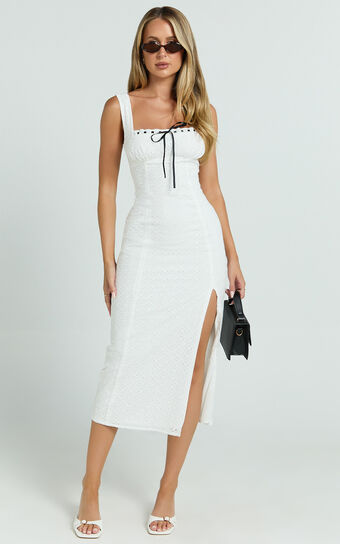 Archie Midi Dress - Ruched Bust Fitted Straight Broiderie Dress in White