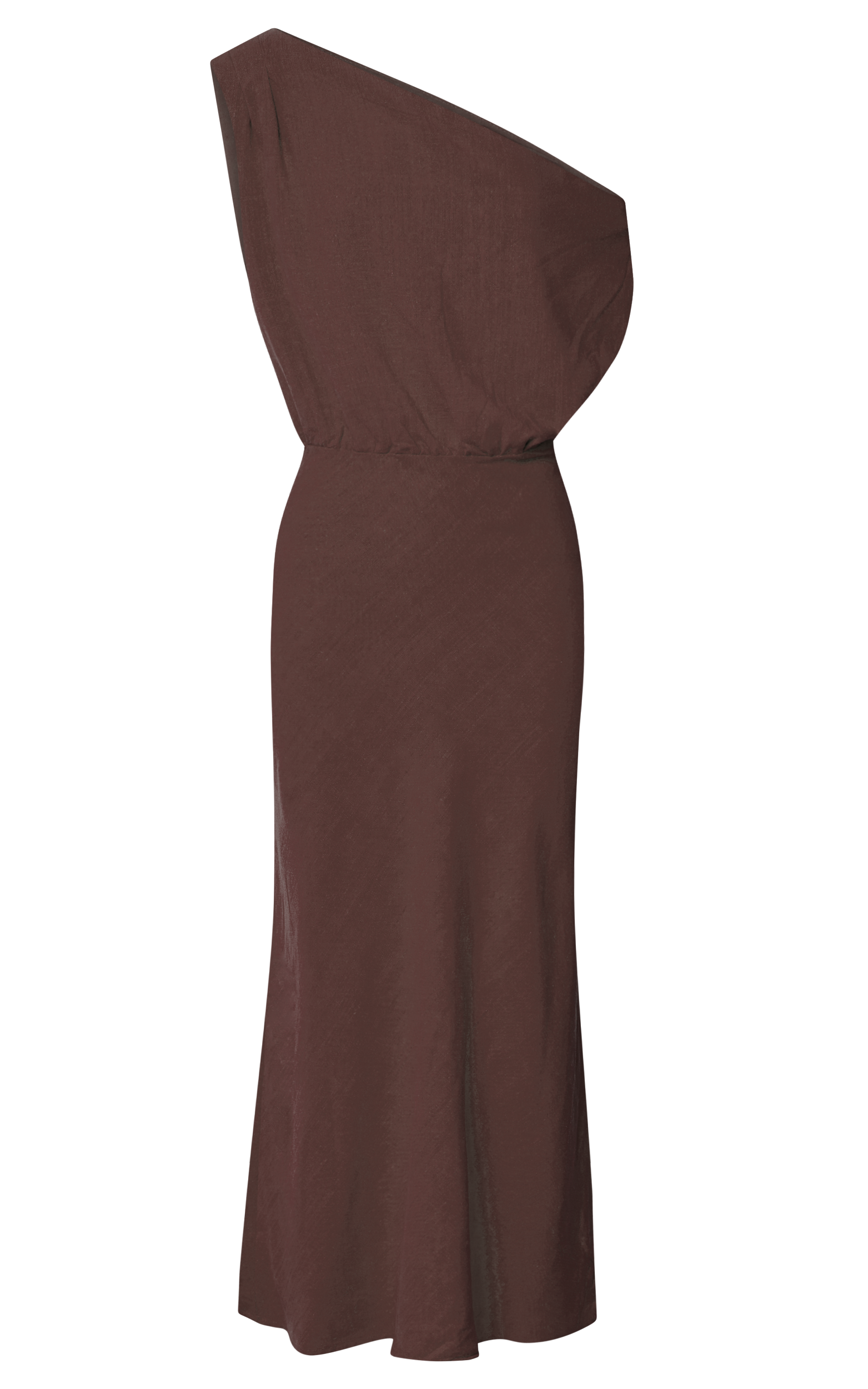 Jacqueline Midi Dress Linen Look One Shoulder Dress in Chocolate Showpo NZ