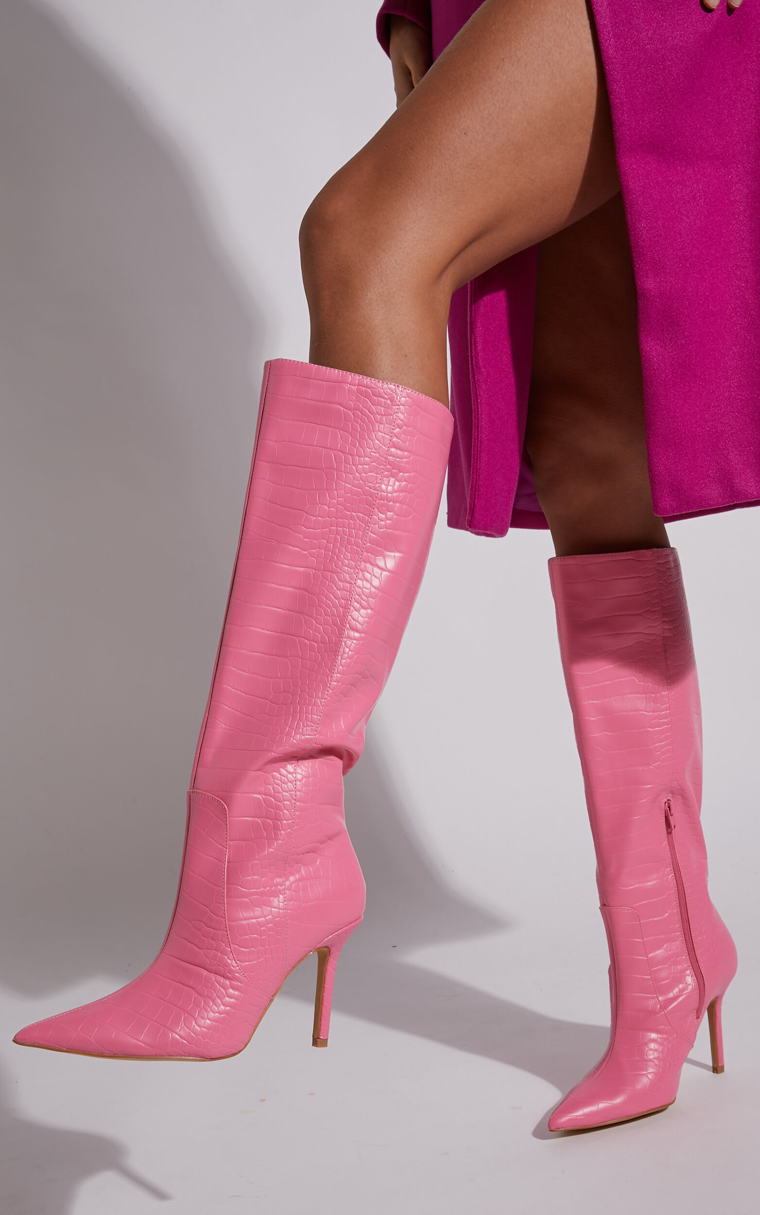Public Desire - Best Believe Stiletto Knee High Boots in Pink Croc - 06, PNK1
