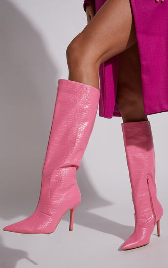 Public Desire - Best Believe Stiletto Knee High Boots in Pink Croc