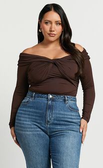 Shamaira Bodysuit - Twist Front Off Shoulder Long Sleeve in Brown