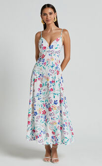 Georgia Midi Dress - Strappy Plunge A Line Dress in Peony Meadow Print