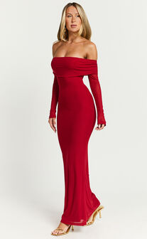 Bethanie Maxi Dress - Off The Shoulder Mesh Dress in Red