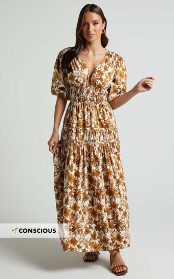 Abbie Neck Puff Sleeves Midi Dress in Tan Floral