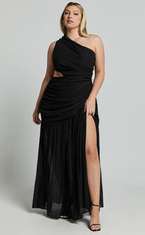 Darcy Maxi Dress - One Shoulder Side Cut Out Gathered Dress in Black