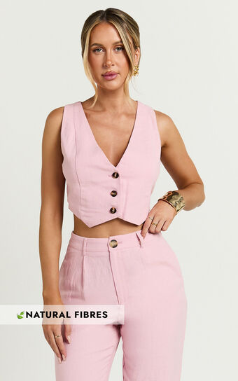Bree Top - Linen V Neck Button Up Cropped Vest in Light Pink