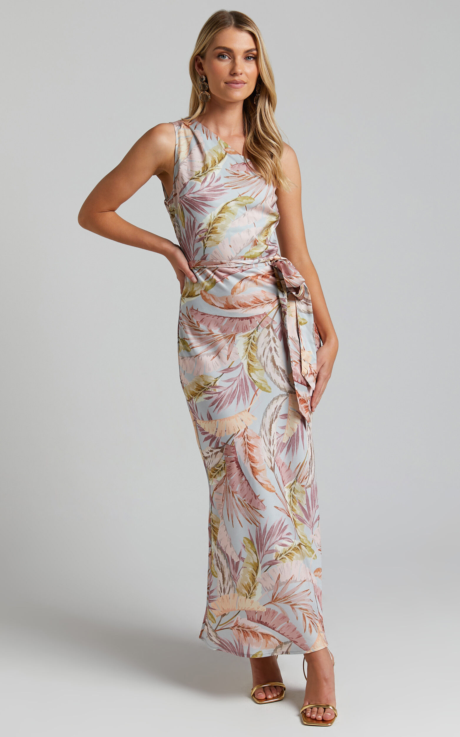 Adea Midi Dress - Asymmetric One Shoulder Slip Dress in Blue Lagoon Leaf Print - 06, BLU1