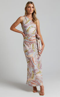 Adea Midi Dress - Asymmetric One Shoulder Slip Dress in Blue Lagoon Leaf Print