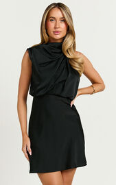 Schantal Mini Dress - Drape Neck Satin Slip Dress in Black | Showpo