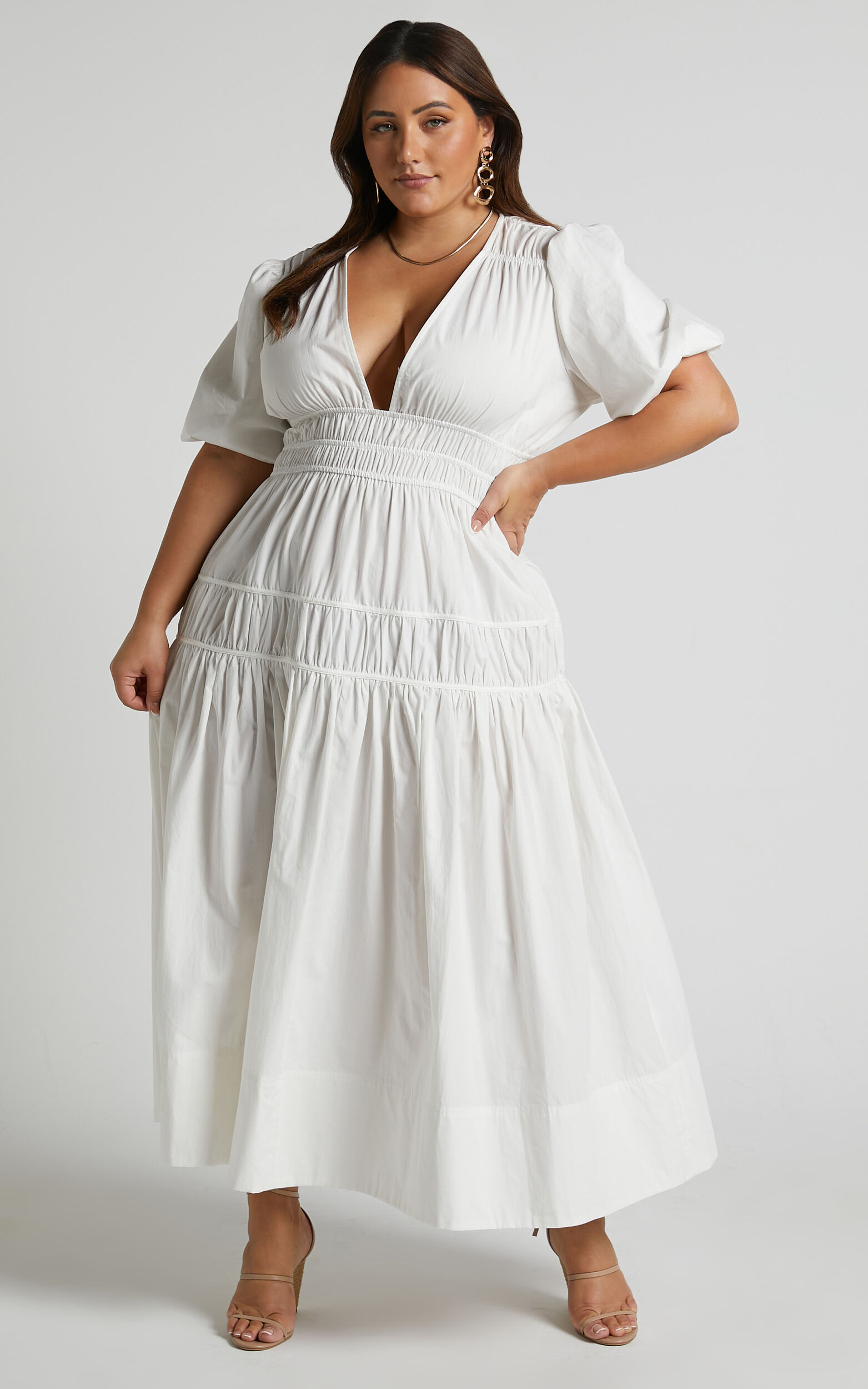 Mellie Midi Dress - Puff Sleeve Plunge Tiered Dress in White | Showpo