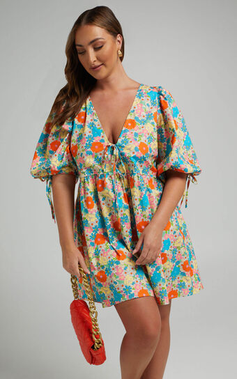 Rosita Mini Dress - Tie Front Puff Sleeve Dress in Pink Floral