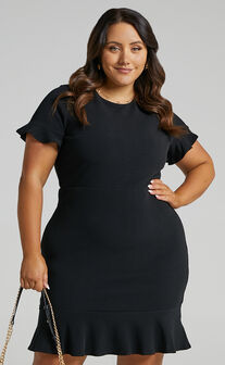 Authority Mini Dress - Peplum Scoop Neck Short Sleeve Frill Dress in Black