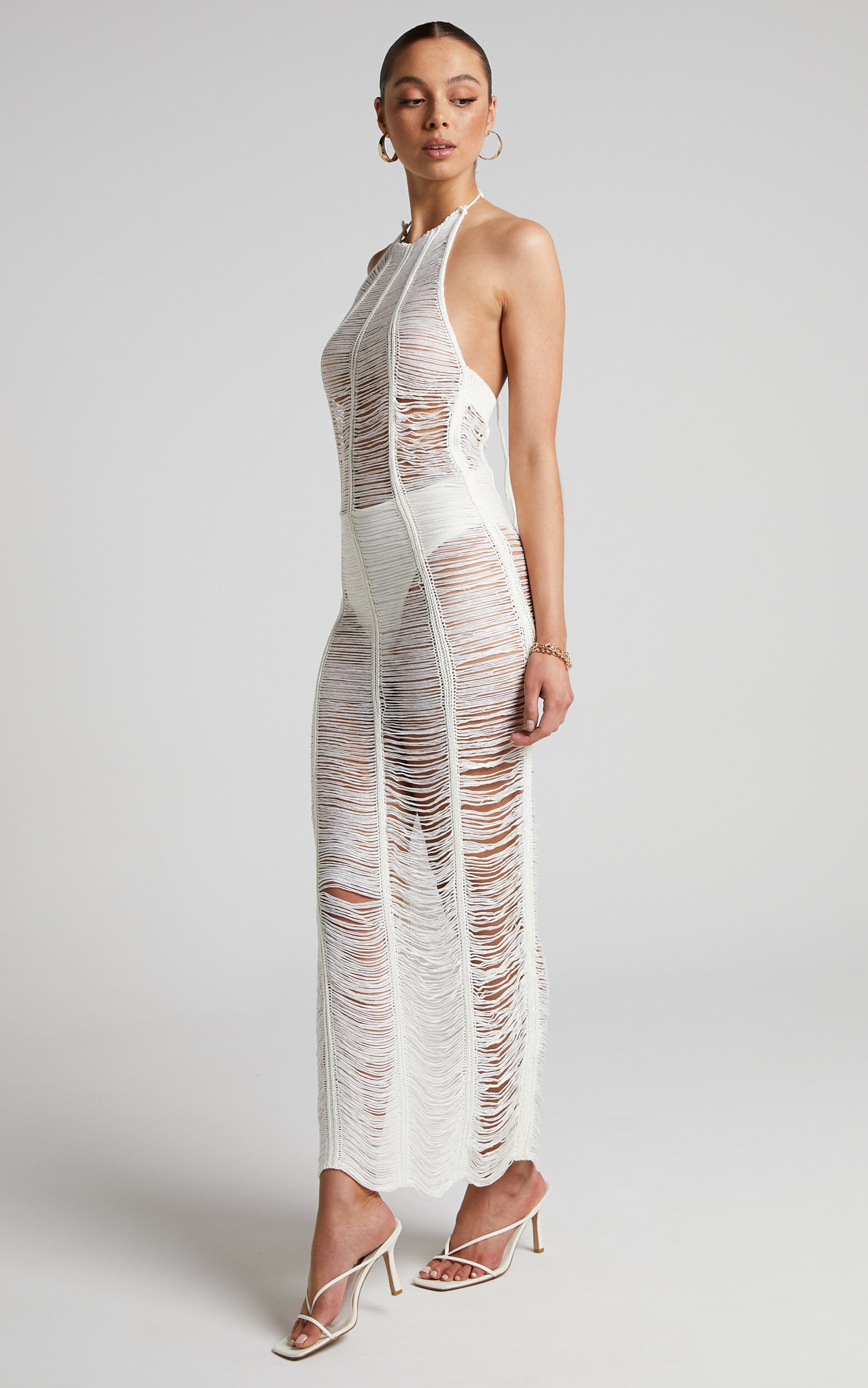Isobel Maxi Dress Crochet Halter Dress in White Showpo