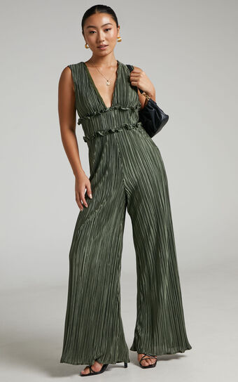 Armida Jumpsuit - Plunge Neck Wide Leg Plisse Jumpsuit in Khaki