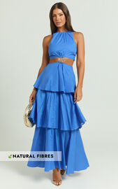Elly Maxi Dress - Tiered Ruffle Cut Out Dress in Blue | Showpo
