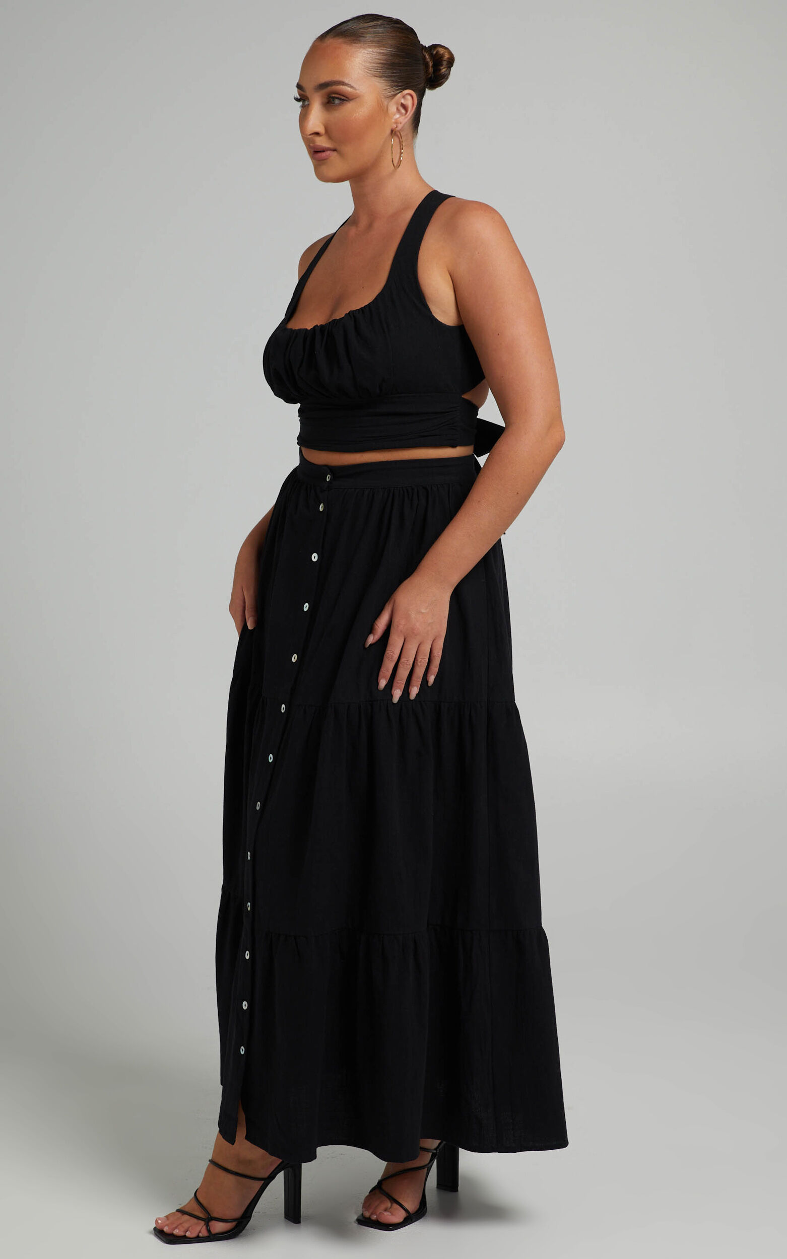 Arabella Tiered Button Front Maxi Skirt in Black Showpo