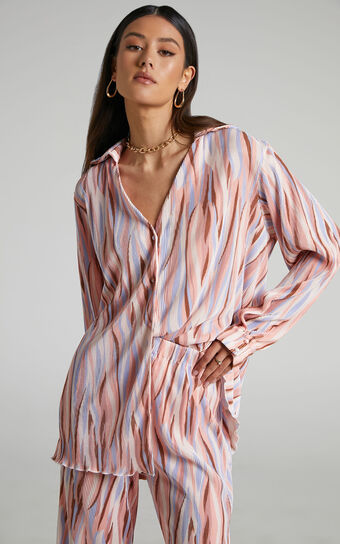 Marfy Top - Abstract Print Button Down Plisse Top in Multi