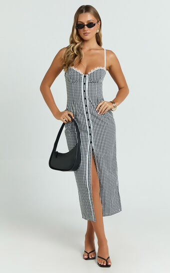 Anessa Midi Dress - Button Front Bustier Fitted Dress in Black Gingham