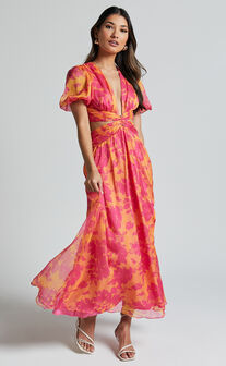 Lindey Midi Dress - Side Cut Plunge Neck Puff Sleeve Dress in Pink and Orange Floral