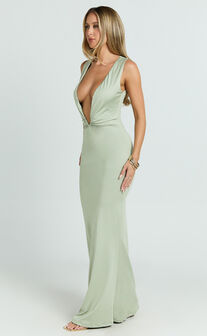 Alexa Maxi Dress - Plunge Cowl Neck Ruched Jersey Dress in Sage