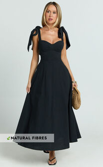 Tymia Midi Dress - Shoulder Tie Bustier Shirred Back A Line in Black