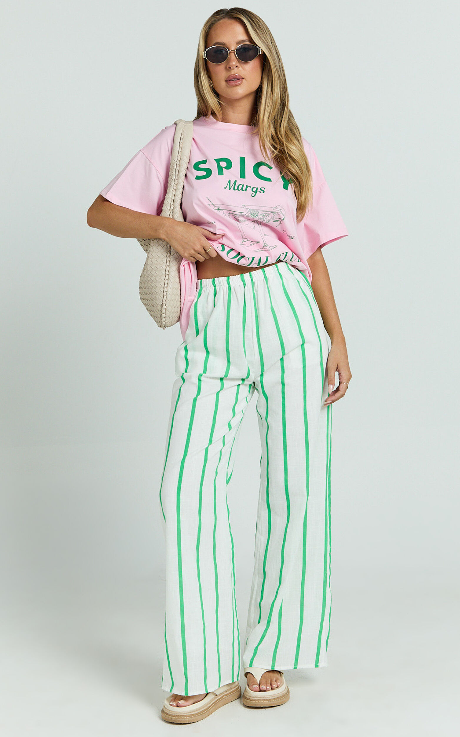 Albina Two Piece Set - Spicy Margs Club Tee and Striped Pant Set in Green - XS, GRN1