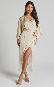 Evana Midi Dress - High Asymmetrical Neck Satin Slip Dress in FUSCHIA