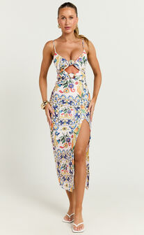 Janice Midi Dress - Knot Detail Front Split Dress in Positano Print