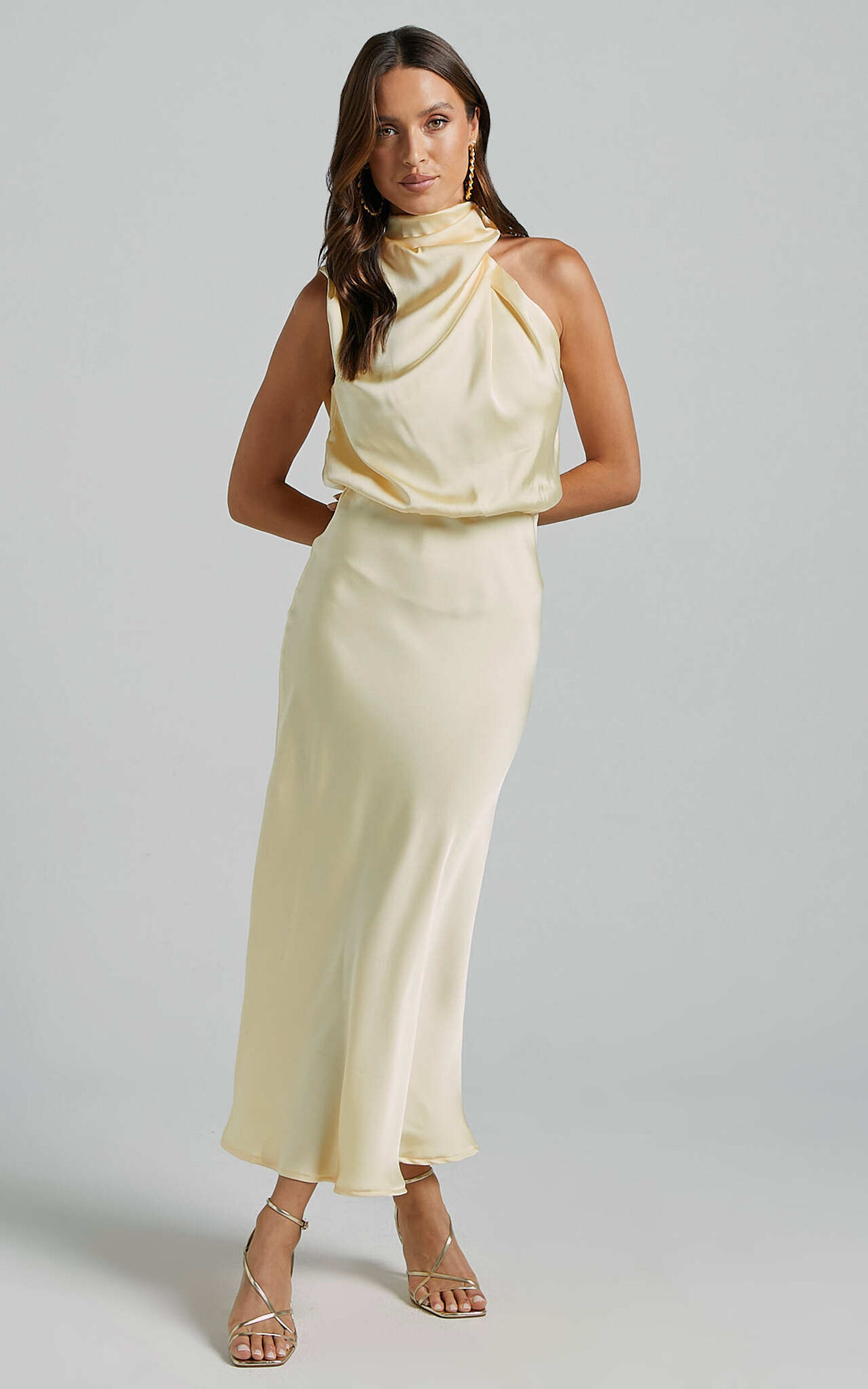 Minnie Midi Dress - Drape Neck Satin Slip Dress in Butter Yellow | Showpo