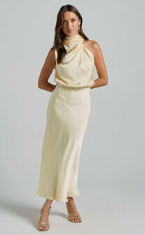 Minnie Midi Dress - Drape Neck Satin Slip Dress in Butter Yellow