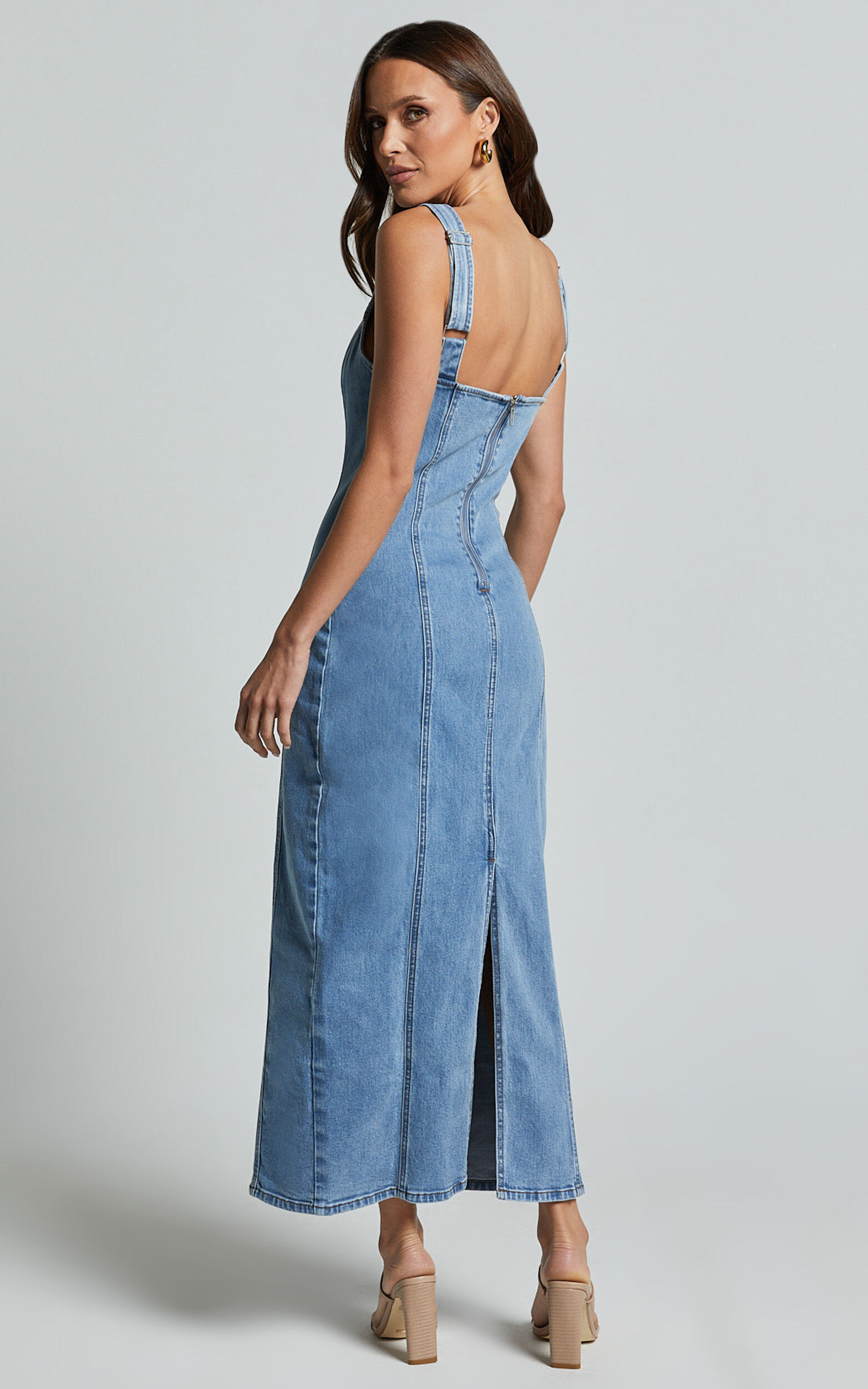 Zenith Midi Dress Wide Strap Panel Detail Recycled Denim Dress in Mid Blue Wash