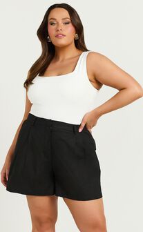 Ali Linen Blend Shorts - High Waisted Cuffed Shorts in Black