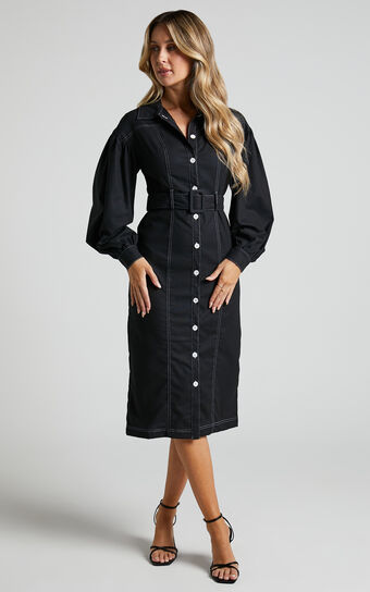 Elisha Midi Dress - Linen Look Balloon Sleeve Belted Button Down Dress in Black