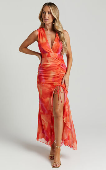 Annie Midi Dress - Wrap Front Ruffle Detail Dress in Orange Floral No Brand