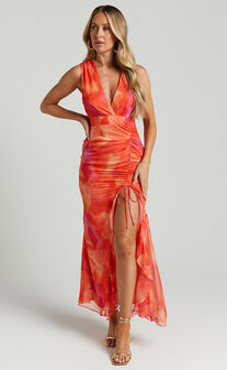 Annie Midi Dress - Wrap Front Ruffle Detail Dress in Orange Floral
